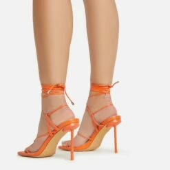 EGO Spider Lace Up Knotted Strap Detail Square Toe Thin Stiletto Heel In Orange Faux Leather -EGO Sales Store 06 01 23 fw46069 sb2
