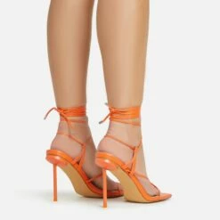 EGO Spider Lace Up Knotted Strap Detail Square Toe Thin Stiletto Heel In Orange Faux Leather -EGO Sales Store 06 01 23 fw46070 sb