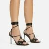 EGO Tour Lace Up Knotted Strap Cage Detail Square Toe Thin Stiletto Heel In Black Faux Leather -EGO Sales Store 06 01 23 fw46072 s