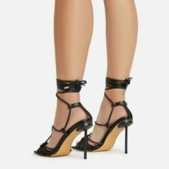 EGO Tour Lace Up Knotted Strap Cage Detail Square Toe Thin Stiletto Heel In Black Faux Leather -EGO Sales Store 06 01 23 fw46074 sb