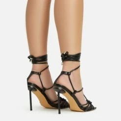 EGO Tour Lace Up Knotted Strap Cage Detail Square Toe Thin Stiletto Heel In Black Faux Leather -EGO Sales Store 06 01 23 fw46075 sb2