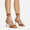 EGO Tour Lace Up Knotted Strap Cage Detail Square Toe Thin Stiletto Heel In Tan Brown Faux Leather -EGO Sales Store 06 01 23 fw46078 s