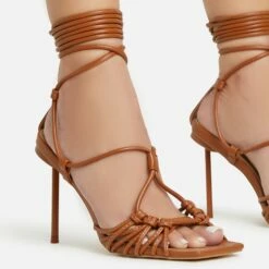 EGO Tour Lace Up Knotted Strap Cage Detail Square Toe Thin Stiletto Heel In Tan Brown Faux Leather -EGO Sales Store 06 01 23 fw46079 sq