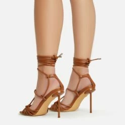 EGO Tour Lace Up Knotted Strap Cage Detail Square Toe Thin Stiletto Heel In Tan Brown Faux Leather -EGO Sales Store 06 01 23 fw46080 sb