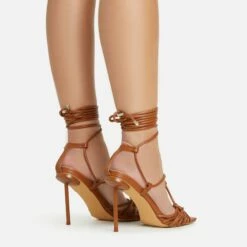 EGO Tour Lace Up Knotted Strap Cage Detail Square Toe Thin Stiletto Heel In Tan Brown Faux Leather -EGO Sales Store 06 01 23 fw46081 sb2