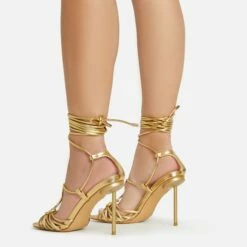 EGO Tour Lace Up Knotted Strap Cage Detail Square Toe Thin Stiletto Heel In Gold Metallic Faux Leather -EGO Sales Store 06 01 23 fw46085 sb2