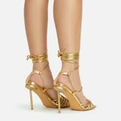 EGO Tour Lace Up Knotted Strap Cage Detail Square Toe Thin Stiletto Heel In Gold Metallic Faux Leather -EGO Sales Store 06 01 23 fw46086 sb