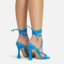 EGO Tied-Up Lace Up Knotted Strap Detail Round Toe Flared Block Heel In Blue Faux Leather -EGO Sales Store 06 01 23 fw46096 sb
