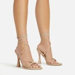 Front Page 19 EGO Tied-Up Lace Up Knotted Strap Detail Round Toe Flared Block Heel In Nude Faux Leather