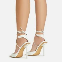 EGO Pamela Lace Up Strappy Square Peep Toe Stiletto Heel In White Patent -EGO Sales Store 06 01 23 fw46122 sb