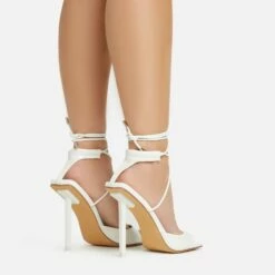 EGO Pamela Lace Up Strappy Square Peep Toe Stiletto Heel In White Patent -EGO Sales Store 06 01 23 fw46123 sb