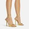 EGO Pamela Lace Up Strappy Square Peep Toe Stiletto Heel In Gold Faux Leather -EGO Sales Store 06 01 23 fw46125 s