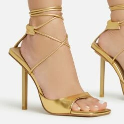EGO Pamela Lace Up Strappy Square Peep Toe Stiletto Heel In Gold Faux Leather -EGO Sales Store 06 01 23 fw46126 sq