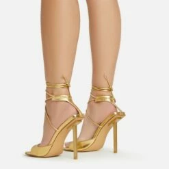 EGO Pamela Lace Up Strappy Square Peep Toe Stiletto Heel In Gold Faux Leather -EGO Sales Store 06 01 23 fw46127 sb2
