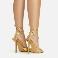 EGO Pamela Lace Up Strappy Square Peep Toe Stiletto Heel In Gold Faux Leather -EGO Sales Store 06 01 23 fw46128 sb