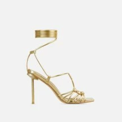 EGO Tour Lace Up Knotted Strap Cage Detail Square Toe Thin Stiletto Heel In Gold Metallic Faux Leather -EGO Sales Store 06 01 23 fw46171 sq