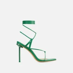 EGO Spider Lace Up Knotted Strap Detail Square Toe Thin Stiletto Heel In Green Faux Leather -EGO Sales Store 06 01 23 fw46173 sq