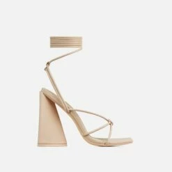EGO Love-Booth Lace Up Knotted Strap Detail Square Toe Sculptured Flared Block Heel In Nude Faux Leather