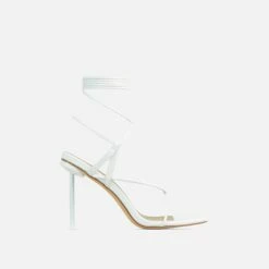 EGO Spider Lace Up Knotted Strap Detail Square Toe Thin Stiletto Heel In White Faux Leather -EGO Sales Store 06 01 23 fw46188 sq
