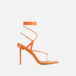 EGO Spider Lace Up Knotted Strap Detail Square Toe Thin Stiletto Heel In Orange Faux Leather -EGO Sales Store 06 01 23 fw46189 sq