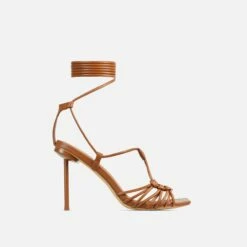 EGO Tour Lace Up Knotted Strap Cage Detail Square Toe Thin Stiletto Heel In Tan Brown Faux Leather -EGO Sales Store 06 01 23 fw46195 sq