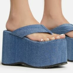 EGO Burning Thong Strap Extreme Platform Wedge Heel Mule In Blue Denim -EGO Sales Store 06 01 23 fw47242 sq