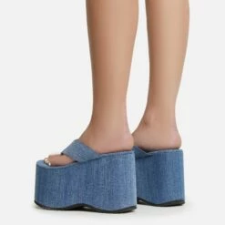 EGO Burning Thong Strap Extreme Platform Wedge Heel Mule In Blue Denim -EGO Sales Store 06 01 23 fw47243 sb