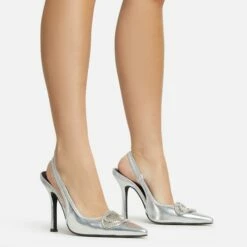 EGO Interlocking Diamante Detail Pointed Toe Slingback Court Heel In Silver Faux Leather