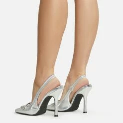 EGO Interlocking Diamante Detail Pointed Toe Slingback Court Heel In Silver Faux Leather -EGO Sales Store 06 01 23 fw47325 sq