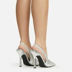 EGO Interlocking Diamante Detail Pointed Toe Slingback Court Heel In Silver Faux Leather -EGO Sales Store 06 01 23 fw47326 sq