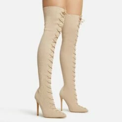 EGO Zeri Lace Up Pointed Toe Stiletto Heel Over The Knee Thigh High Boot In Nude Ribbed Knit