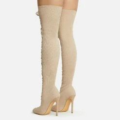 EGO Zeri Lace Up Pointed Toe Stiletto Heel Over The Knee Thigh High Boot In Nude Ribbed Knit -EGO Sales Store 06 01 23 fw47370 sb2