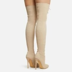 EGO Zeri Lace Up Pointed Toe Stiletto Heel Over The Knee Thigh High Boot In Nude Ribbed Knit -EGO Sales Store 06 01 23 fw47371 sb2