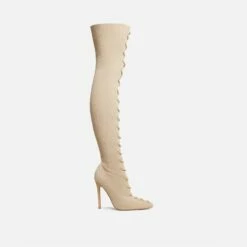 EGO Zeri Lace Up Pointed Toe Stiletto Heel Over The Knee Thigh High Boot In Nude Ribbed Knit -EGO Sales Store 06 01 23 fw47372 sq