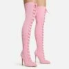 EGO Zeri Lace Up Pointed Toe Stiletto Heel Over The Knee Thigh High Boot In Pink Ribbed Knit