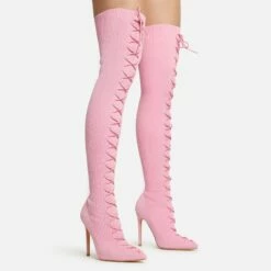 EGO Zeri Lace Up Pointed Toe Stiletto Heel Over The Knee Thigh High Boot In Pink Ribbed Knit