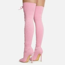 EGO Zeri Lace Up Pointed Toe Stiletto Heel Over The Knee Thigh High Boot In Pink Ribbed Knit -EGO Sales Store 06 01 23 fw47376 sb