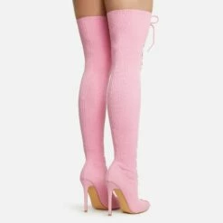 EGO Zeri Lace Up Pointed Toe Stiletto Heel Over The Knee Thigh High Boot In Pink Ribbed Knit -EGO Sales Store 06 01 23 fw47377 sb2