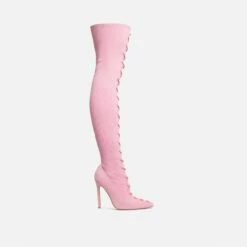 EGO Zeri Lace Up Pointed Toe Stiletto Heel Over The Knee Thigh High Boot In Pink Ribbed Knit -EGO Sales Store 06 01 23 fw47378 sq