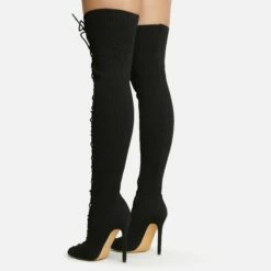 EGO Zeri Lace Up Pointed Toe Stiletto Heel Over The Knee Thigh High Boot In Black Ribbed Knit -EGO Sales Store 06 01 23 fw47382 sb