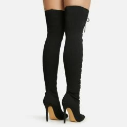 EGO Zeri Lace Up Pointed Toe Stiletto Heel Over The Knee Thigh High Boot In Black Ribbed Knit -EGO Sales Store 06 01 23 fw47383 sb2