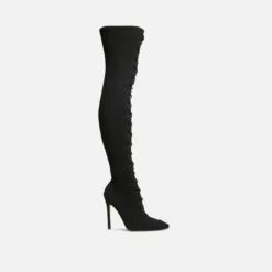 EGO Zeri Lace Up Pointed Toe Stiletto Heel Over The Knee Thigh High Boot In Black Ribbed Knit -EGO Sales Store 06 01 23 fw47384 sq
