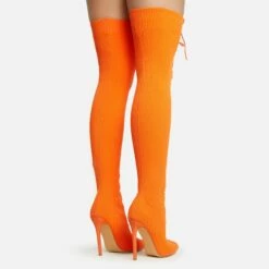 EGO Zeri Lace Up Pointed Toe Stiletto Heel Over The Knee Thigh High Boot In Orange Ribbed Knit -EGO Sales Store 06 01 23 fw47389 sb2