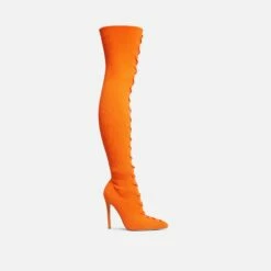 EGO Zeri Lace Up Pointed Toe Stiletto Heel Over The Knee Thigh High Boot In Orange Ribbed Knit -EGO Sales Store 06 01 23 fw47390 sq