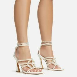 EGO Truth-Or-Dare Beaded Strap Detail Square Toe Flared Block Heel In White Faux Leather -EGO Sales Store 06 01 23 fw47392 s