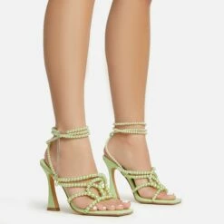 EGO Truth-Or-Dare Beaded Strap Detail Square Toe Flared Block Heel In Green Faux Leather -EGO Sales Store 06 01 23 fw47408 s