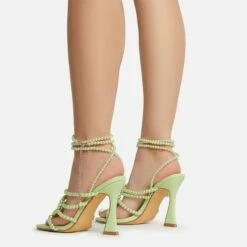 EGO Truth-Or-Dare Beaded Strap Detail Square Toe Flared Block Heel In Green Faux Leather -EGO Sales Store 06 01 23 fw47410 sb