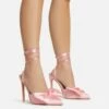 EGO Bowdown Lace Up Bow Detail Pointed Toe Stiletto Heel In Pink Satin -EGO Sales Store 06 01 23 fw47413 s