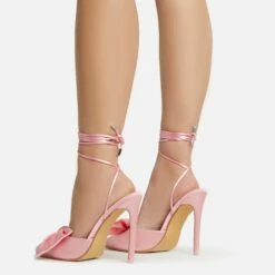 EGO Bowdown Lace Up Bow Detail Pointed Toe Stiletto Heel In Pink Satin -EGO Sales Store 06 01 23 fw47415 sb