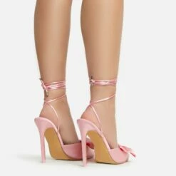 EGO Bowdown Lace Up Bow Detail Pointed Toe Stiletto Heel In Pink Satin -EGO Sales Store 06 01 23 fw47416 sb2